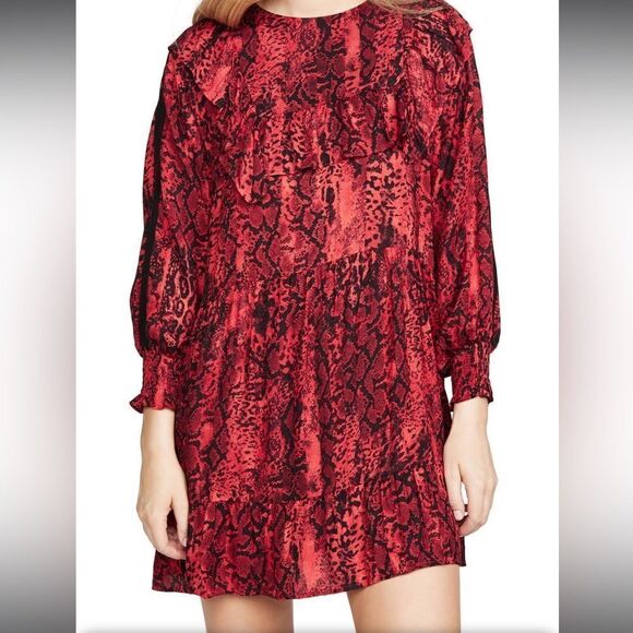 ba&sh Sym Red‎ Snakeskin Print Ruffled Crepe Mini Dress Size XS - Picture 3 of 9